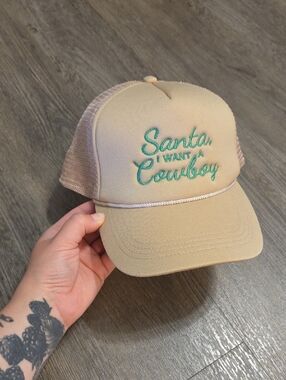 "Santa I Want A Cowboy" Embroidered Trucker Hat - Beige & Teal